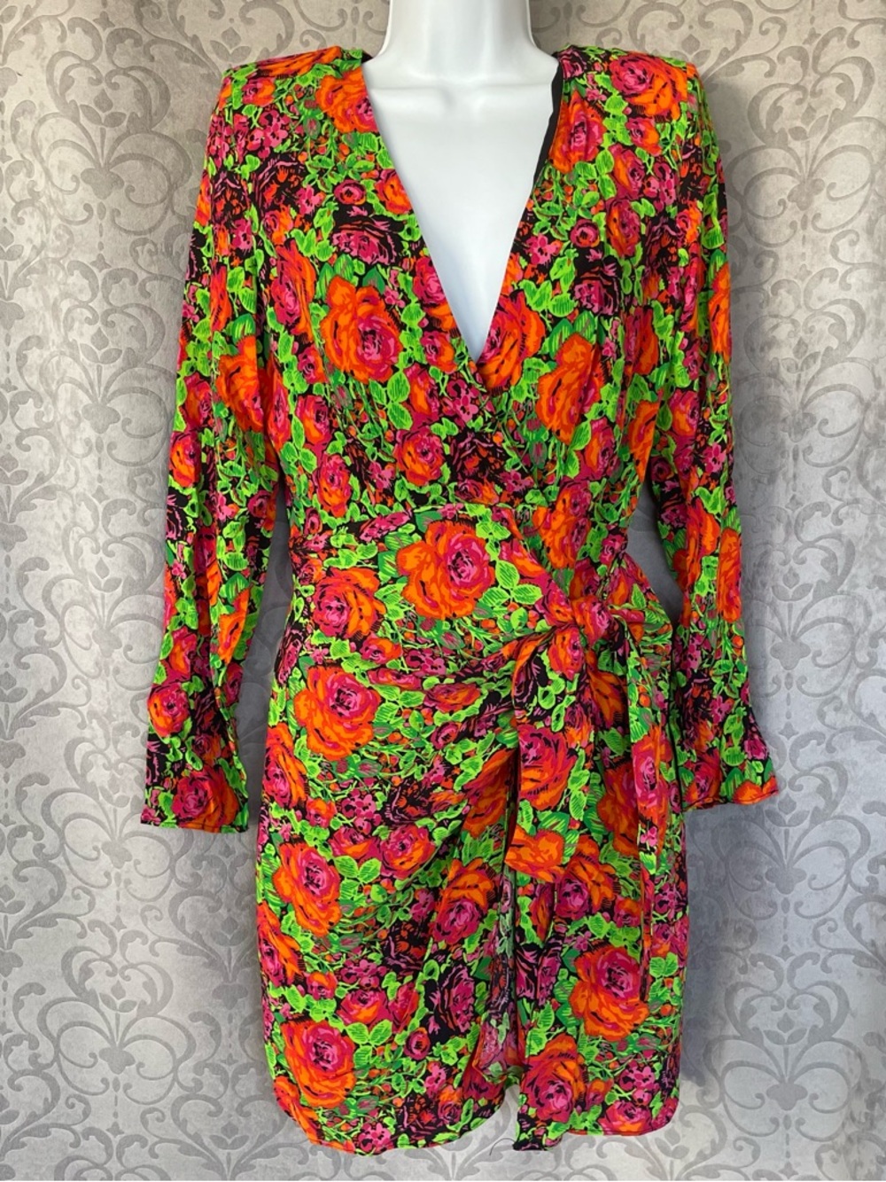 Zara Neon Green and Hot Pink Floral V-Neck Mini Wrap Dress